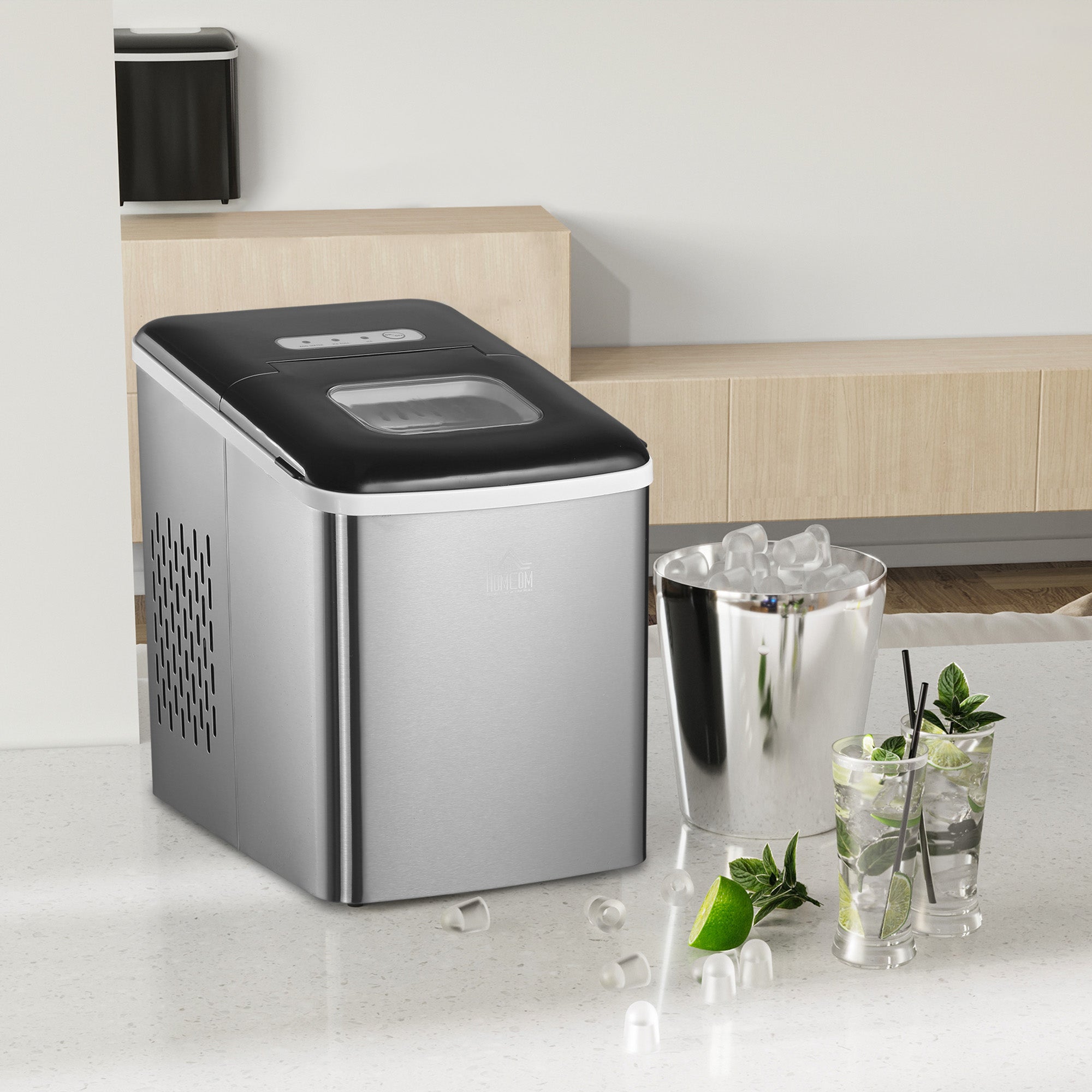 HOMCOM Ice Maker Machine Countertop, 9 Ice Cubes in 8 Mins, 12KG in 24Hrs, Self-Cleaning Portable Ice Cube Maker with Ice Scoop and Basket, Stainless Steel, No Plumbing Required, Black